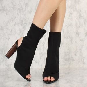 Black Lycra Peep Toe Round Chunky Heel Booties